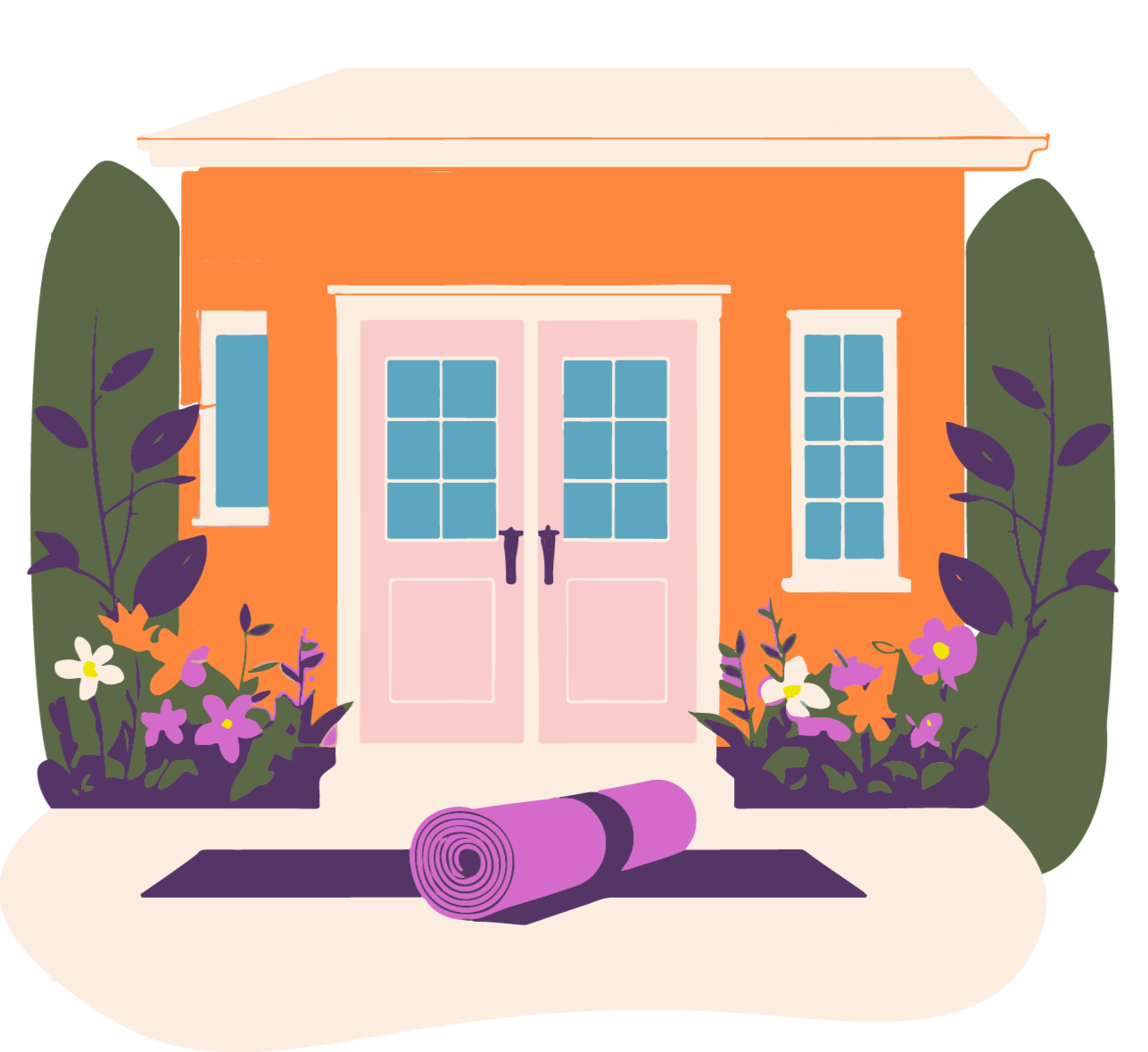 Yoga à la maison Tapis de yoga devant une maison colorée entourée de fleurs aux couleurs de l'univers Joia