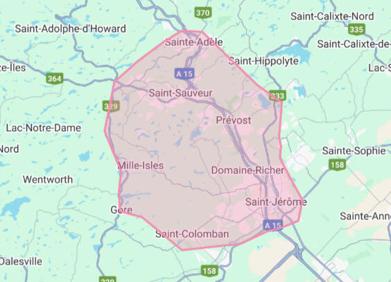 Carte Laurentides Zone entourant Sainte-Adèle Milles-Isles Saint-Colomban Saint-Jérôme Prévost Saint-Sauveur