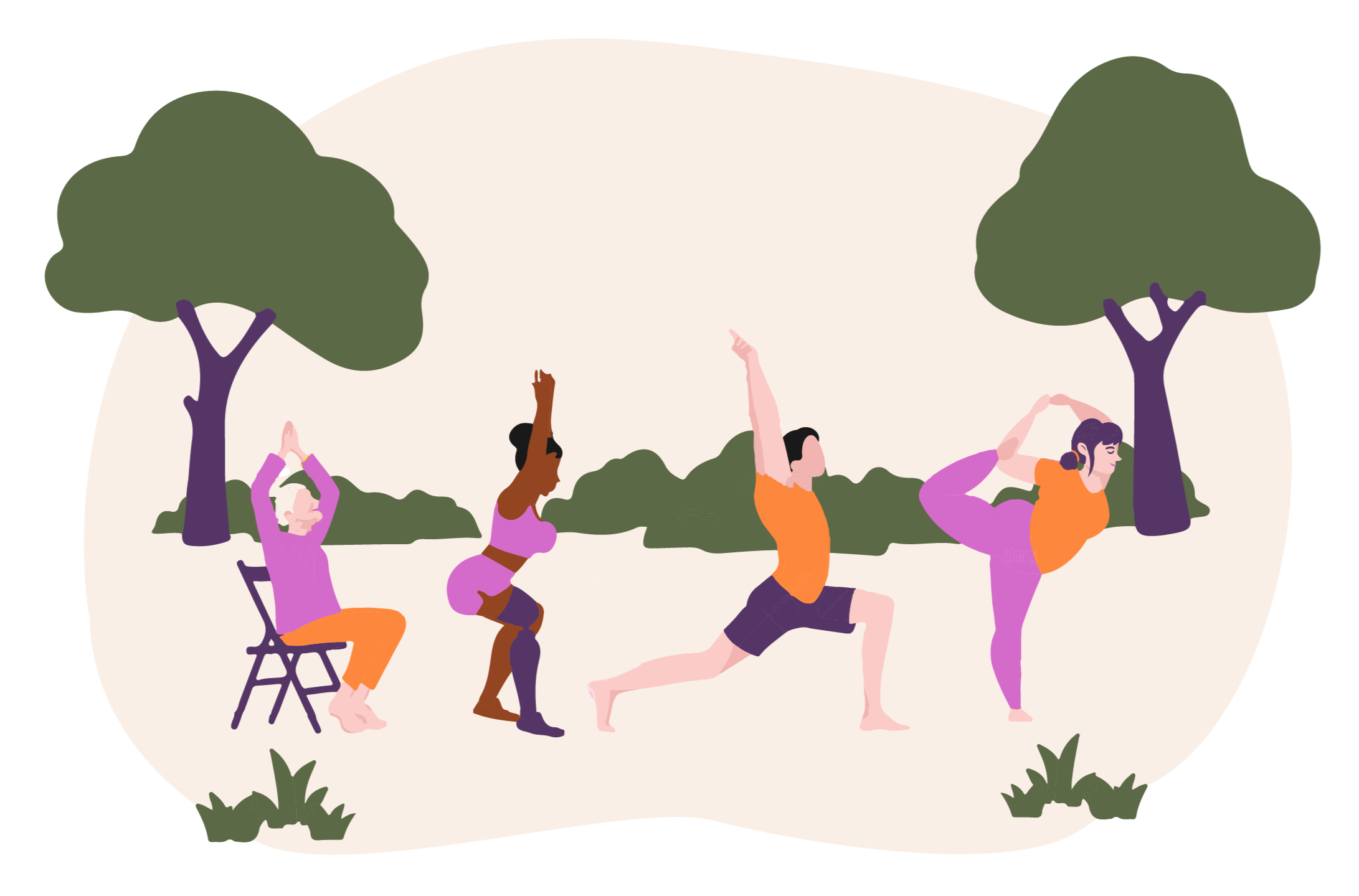 Cours personnalisés Une dame faisant du yoga sur une chaise, une femme faisant Utkatasana, un homme en position du guerrier et une femme en pose du danseur dans un parc.