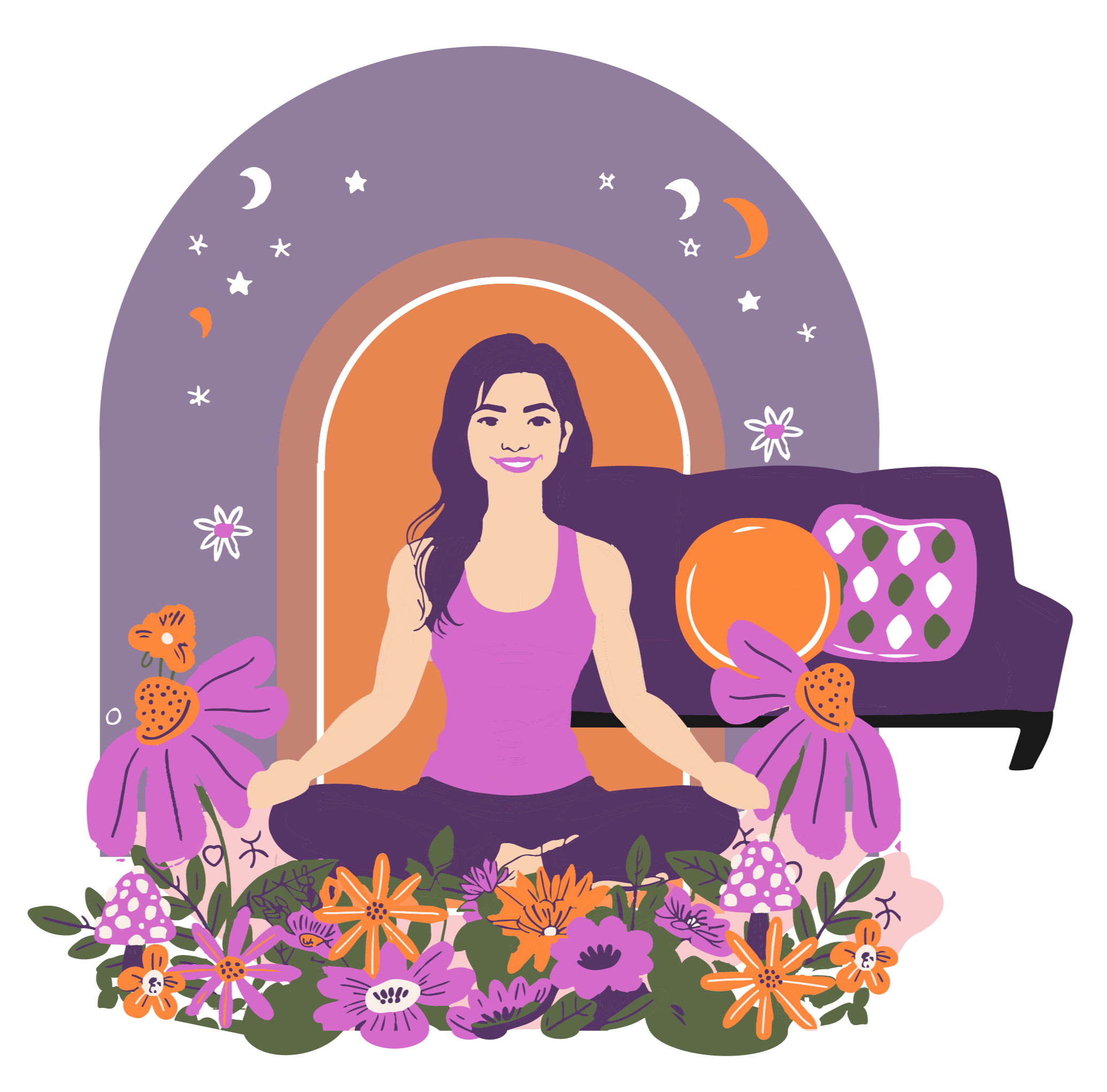 Présentation Femme souriante en position du lotus sur des fleurs avec un canapé et une arche derrière elle avec un ciel étoilé.